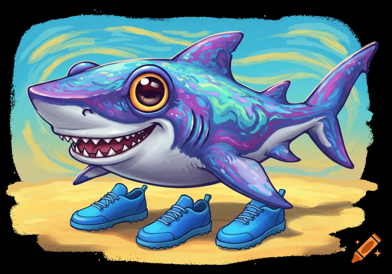 A smiling cartoon shark with blue shoes stands on a sandy beach.