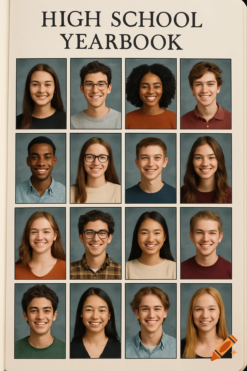 Grid of photorealistic high school yearbook portraits