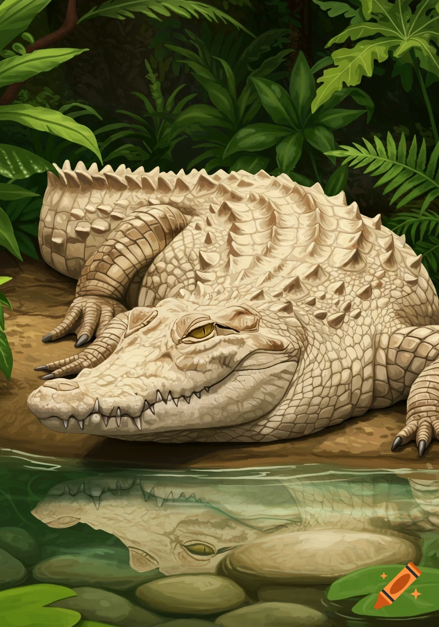 Light-colored crocodile lying by water in a jungle, illustration style.