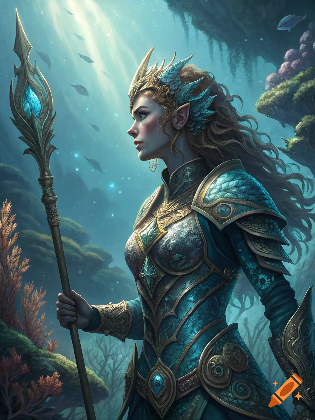 Fantasy woman in ornate armor holding a staff in an underwater setting.