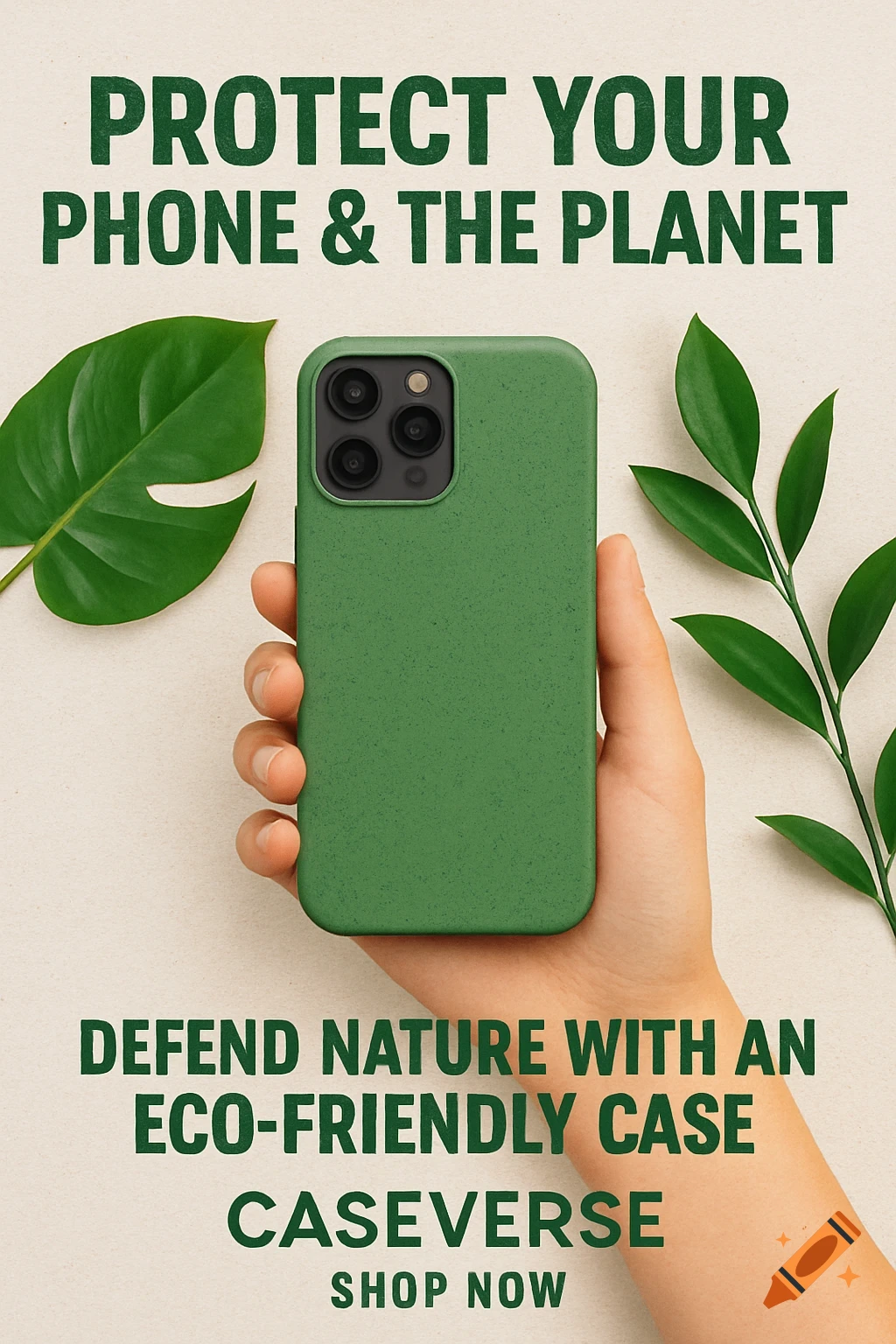 A hand holds a green eco-friendly phone case with text promoting the product.