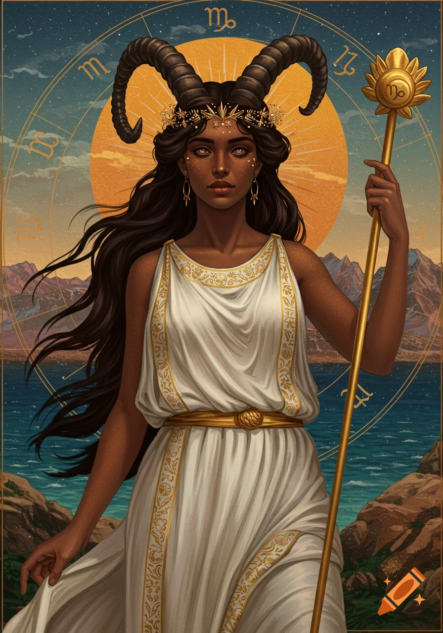 A dark-skinned woman with horns and a crown stands in a white dress, holding a staff, against a landscape and celestial background with zodiac symbols.