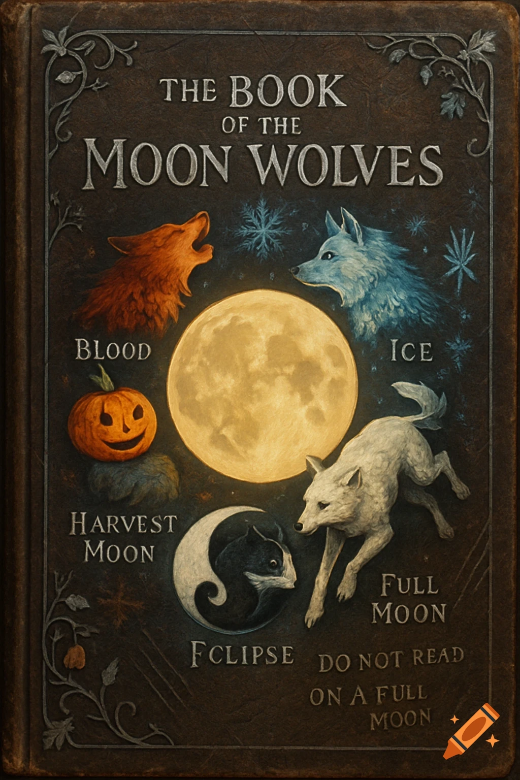 A dark fantasy book cover titled 'The Book of the Moon Wolves' featuring wolves, a moon, a pumpkin, and text labels.