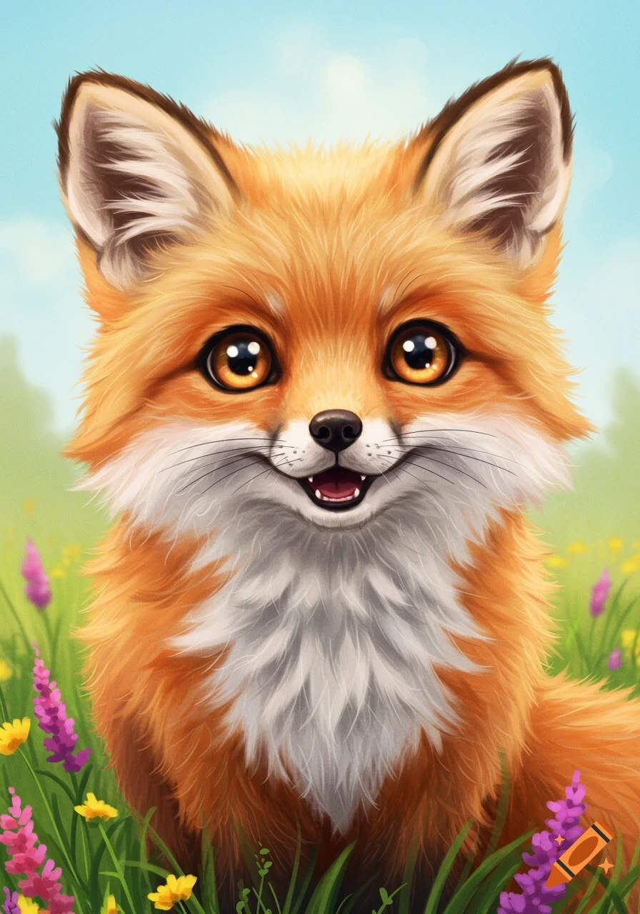 A cute, fluffy orange fox peers forward from a field of purple and yellow flowers, digital art.