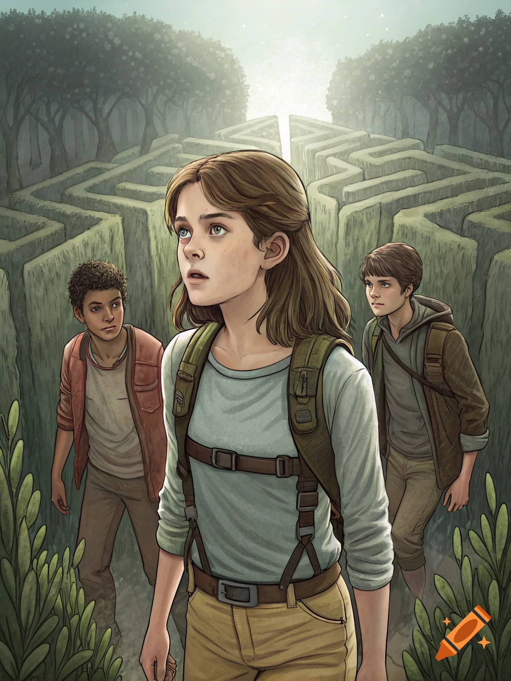 Three young people look ahead as they walk through a tall hedge maze under a cloudy sky.