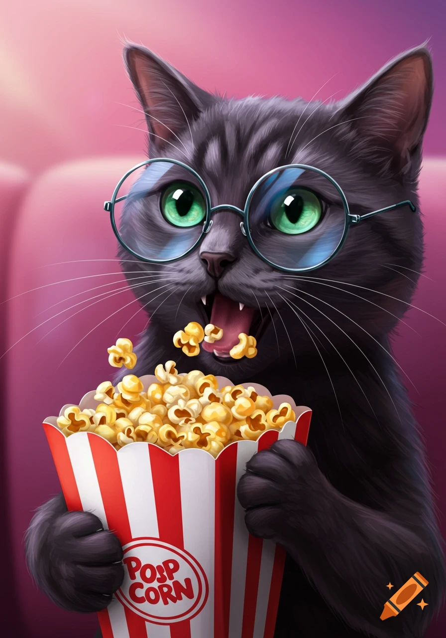 A black cat wearing glasses excitedly eats popcorn from a striped bag.