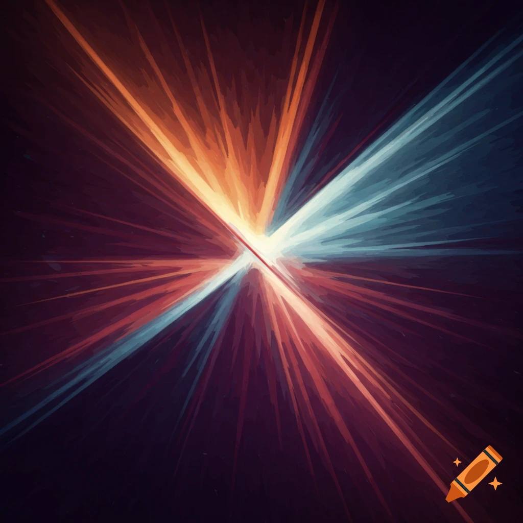 Abstract streaks of orange, red, and blue light explode outwards from a center point.