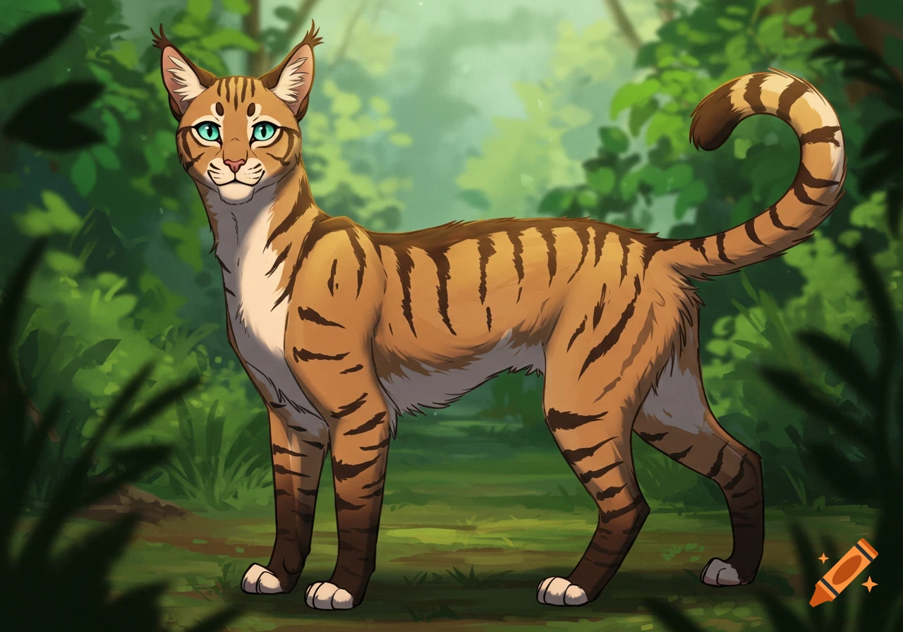 A stylized tan cat with black stripes stands in a forest.