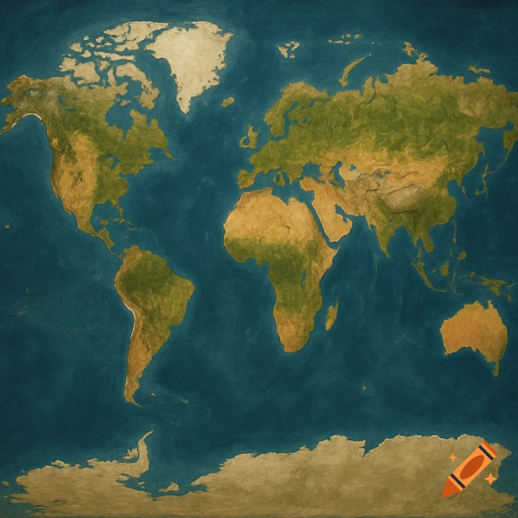 A stylized world map with textured continents and blue oceans.