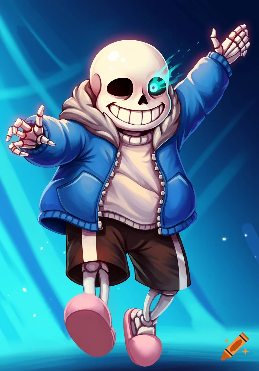 Sans from Undertale smiles with a glowing blue eye, wearing a blue jacket and pink slippers in an anime style.