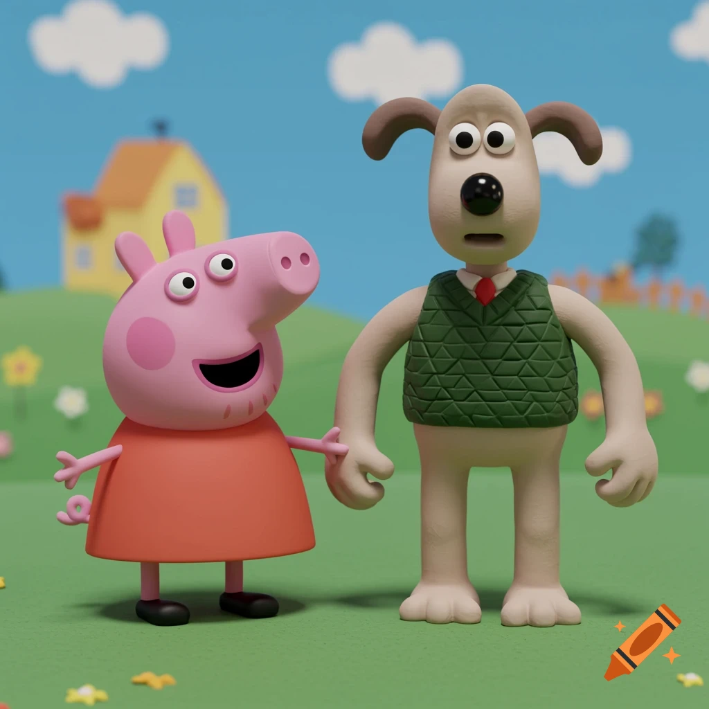 Peppa Pig and Gromit stand side-by-side in a grassy field in a 3D animated style.