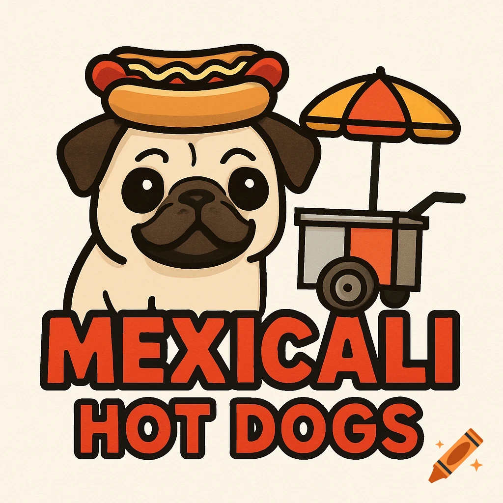 Cartoon logo of a pug wearing a hot dog hat next to a hot dog cart, with text "Mexicali Hot Dogs"