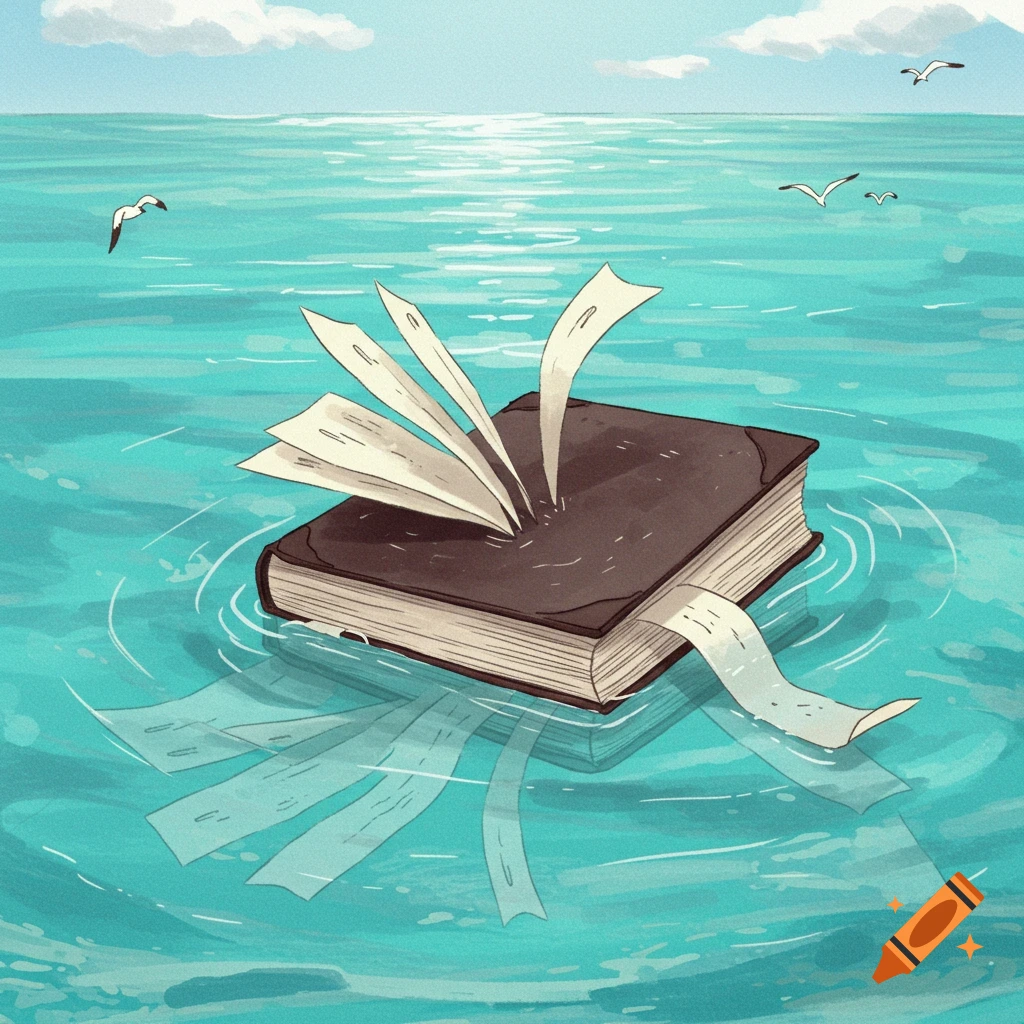 A drawing of a book floating on the sea with pages coming out, seagulls in the sky.