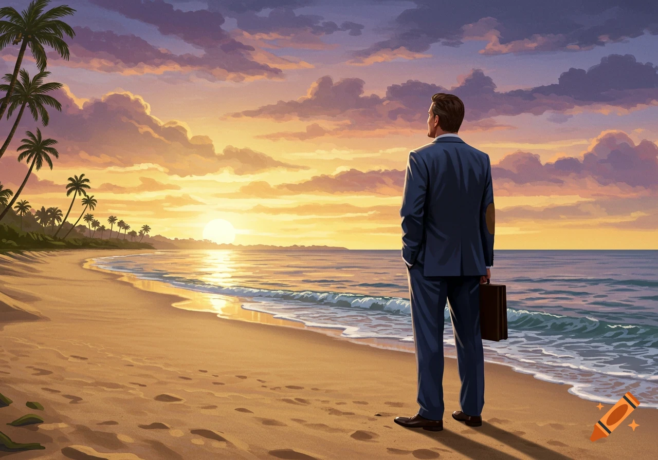 A businessman stands on a beach at sunset, looking out at the ocean, holding a briefcase.