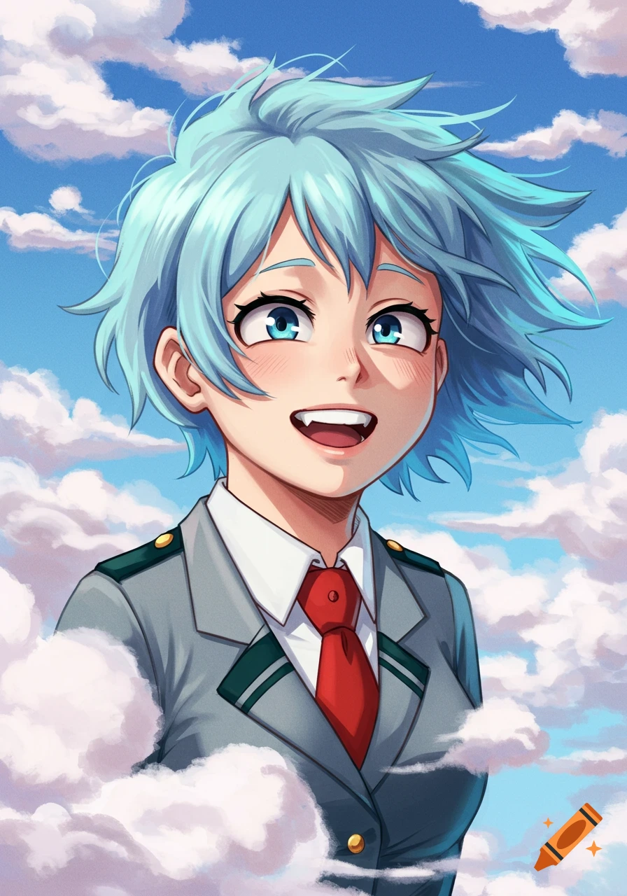 Anime portrait of a smiling young woman with light blue hair and blue eyes, wearing a school uniform, surrounded by clouds.