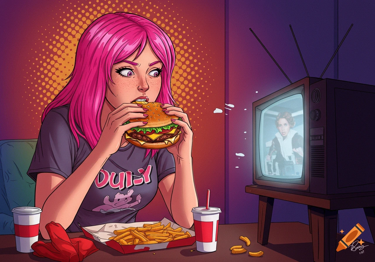 Pop art illustration of a pink-haired woman eating a burger and fries while watching a TV.