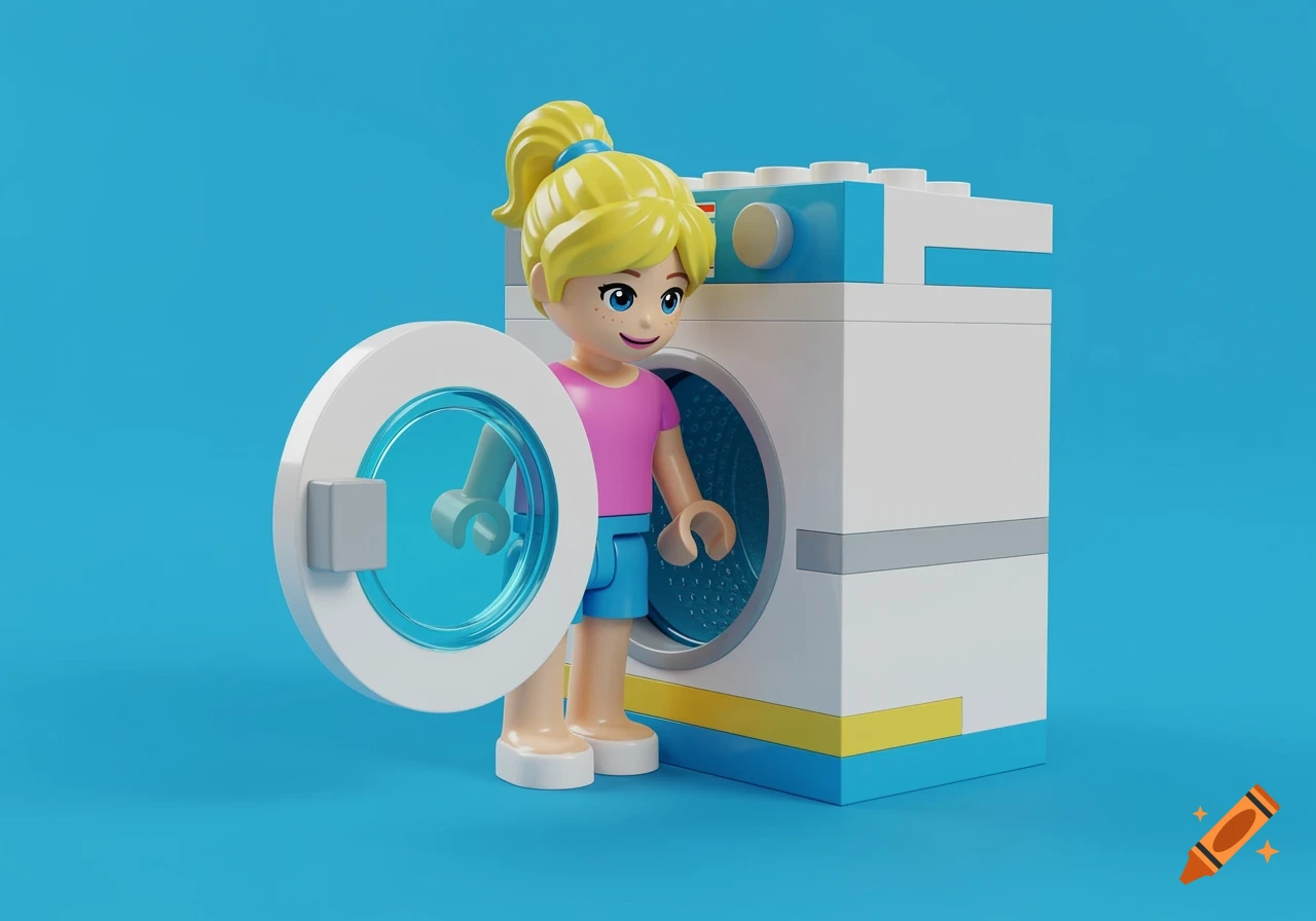 A Lego-style figure of a girl stands beside an open washing machine.