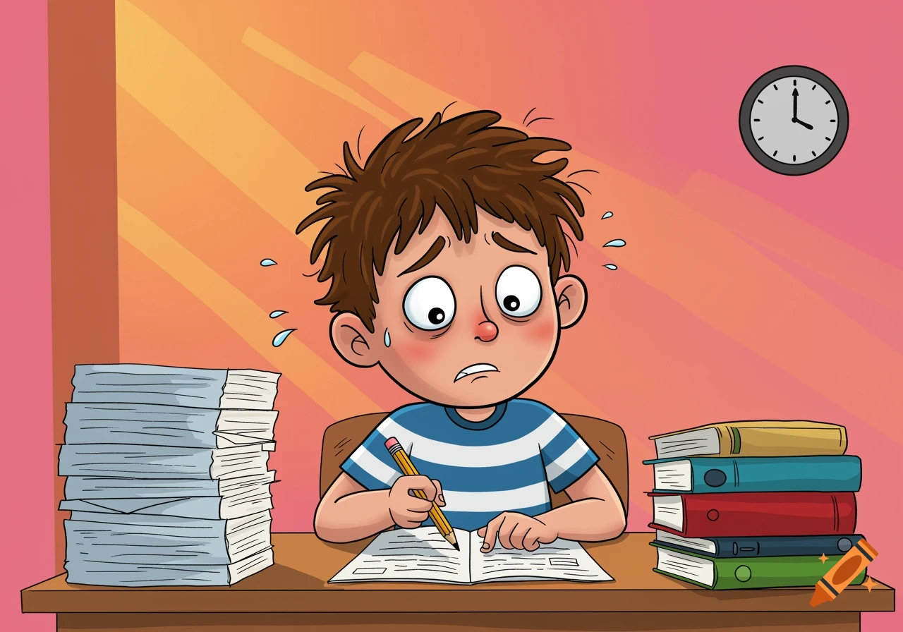 Cartoon boy looking stressed while studying at a desk with piles of books and papers.