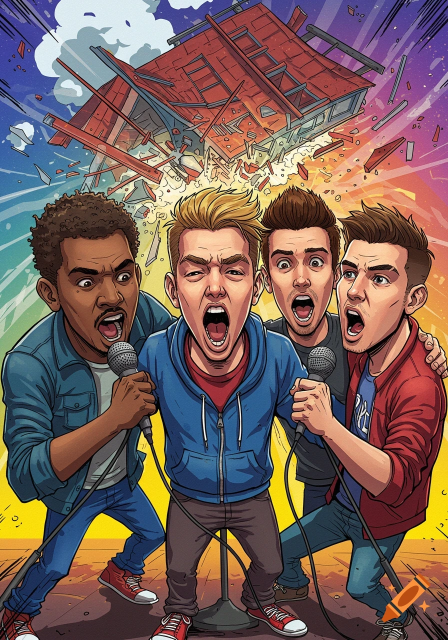 Four cartoon men sing into microphones as a building roof explodes behind them.