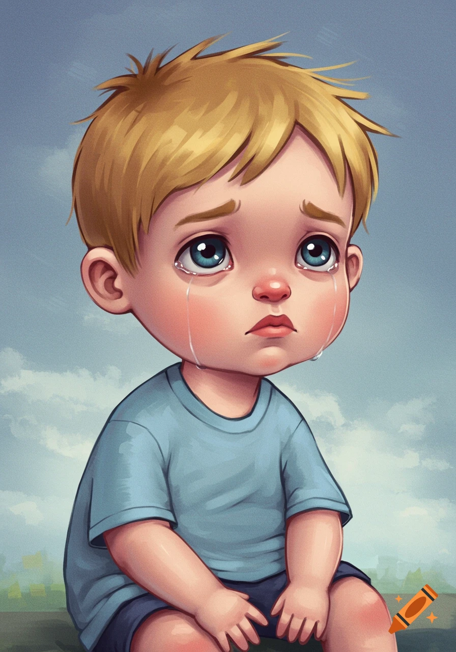 Illustration of a sad blonde child with blue eyes and tear streaks, looking down.