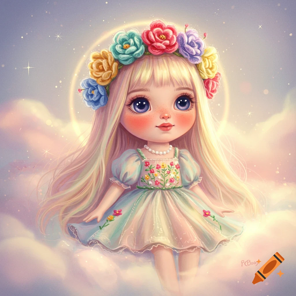 A cute stylized doll with large eyes, wearing a flower crown and dress, floats among pastel clouds.