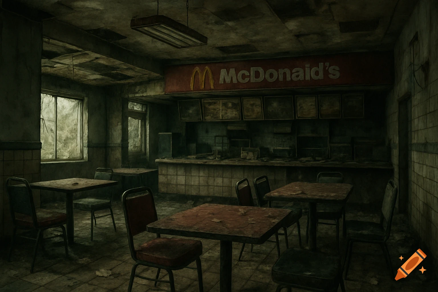 Dark, gritty image of the rundown, abandoned interior of a McDonald's restaurant with tables, chairs, and a counter.
