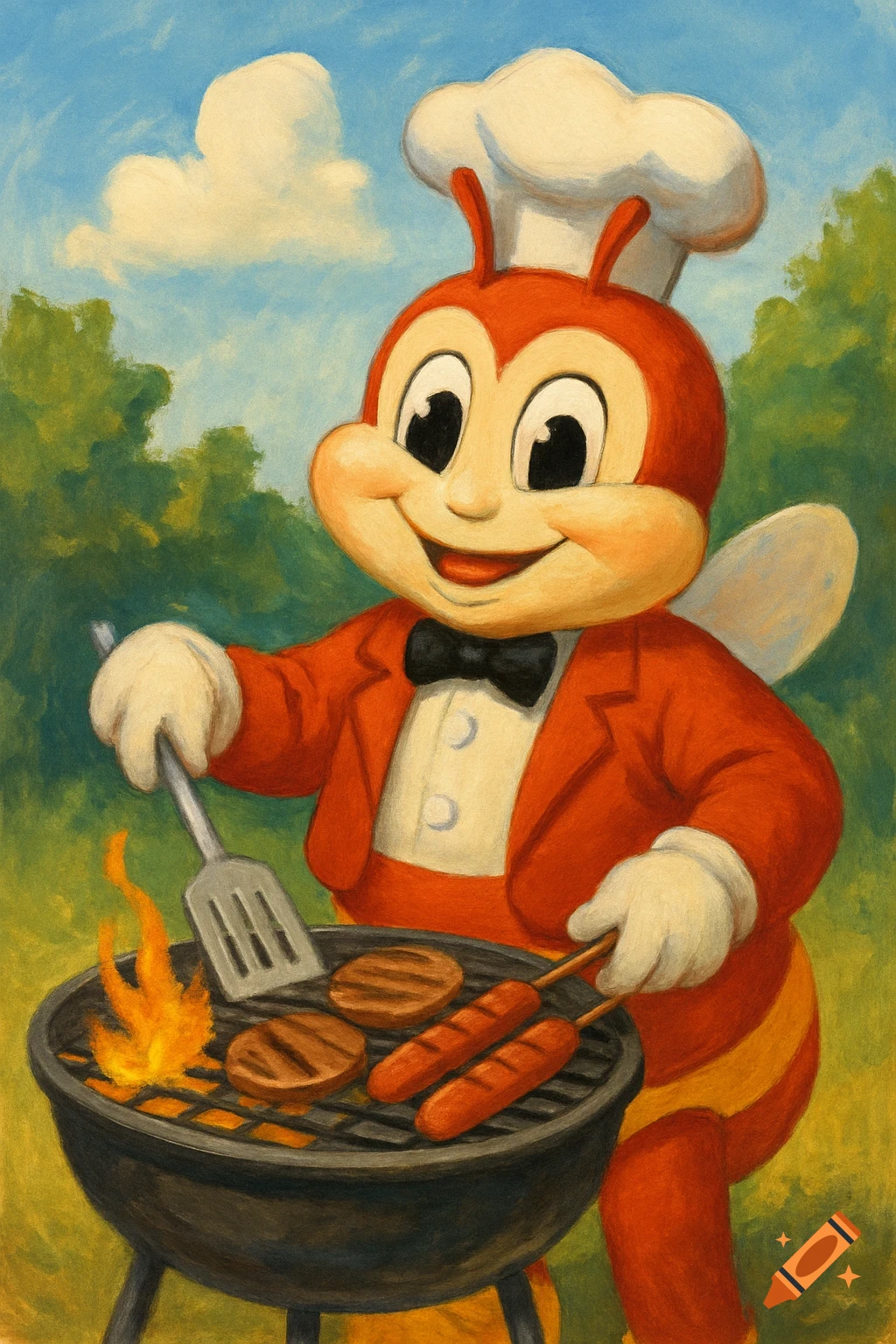 Cartoon mascot in chef hat grilling burgers and hot dogs in a painted style
