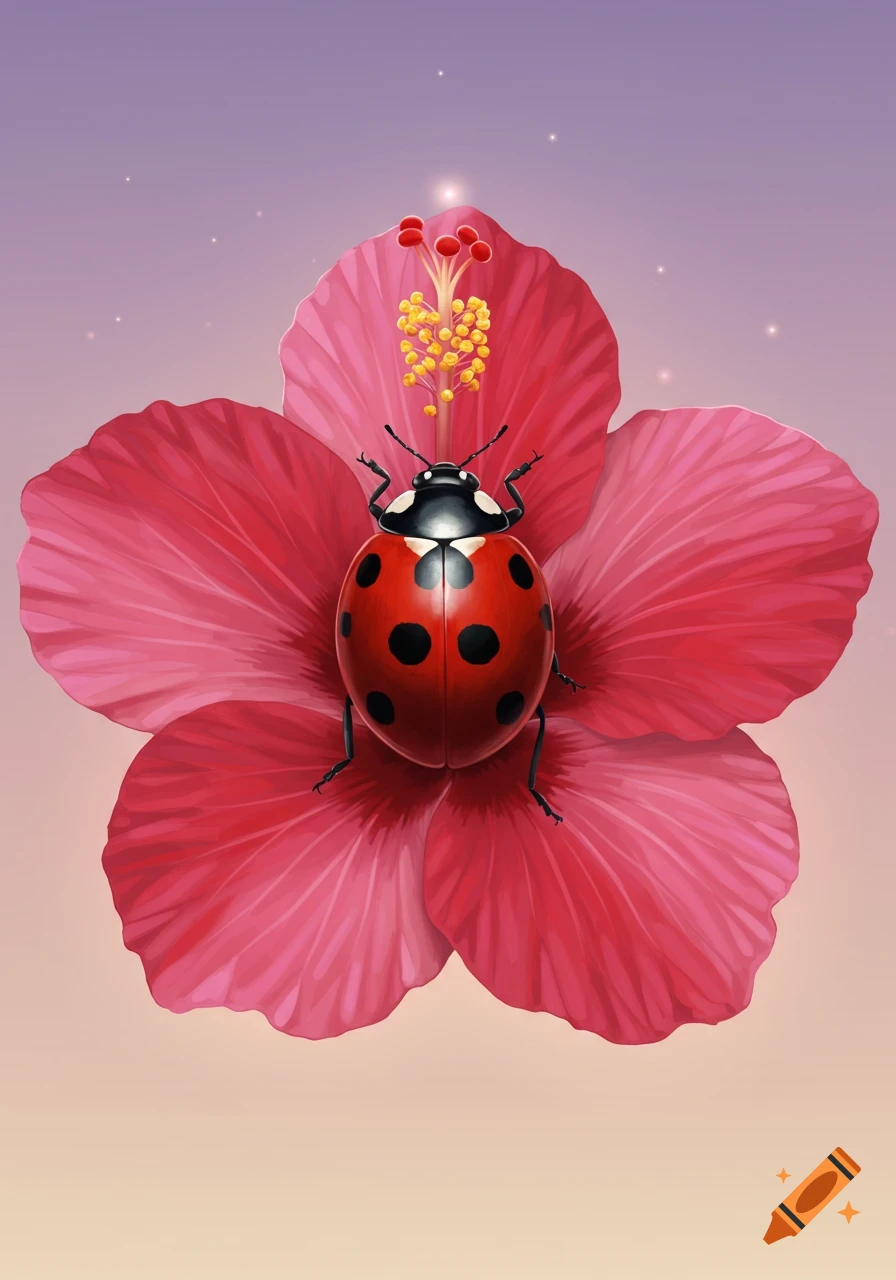 A close-up digital illustration of a red ladybug with black spots sitting on a vibrant pink hibiscus flower.