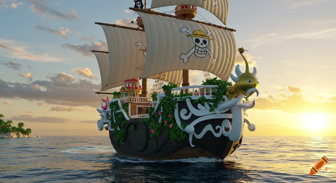 An anime ship with pirate symbols on its sails sails on the ocean towards a sunset, with a tropical island in the distance.