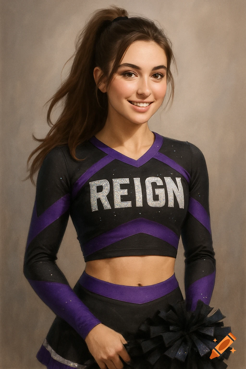 A woman in a black and purple cheerleader uniform with the word REIGN on the chest.