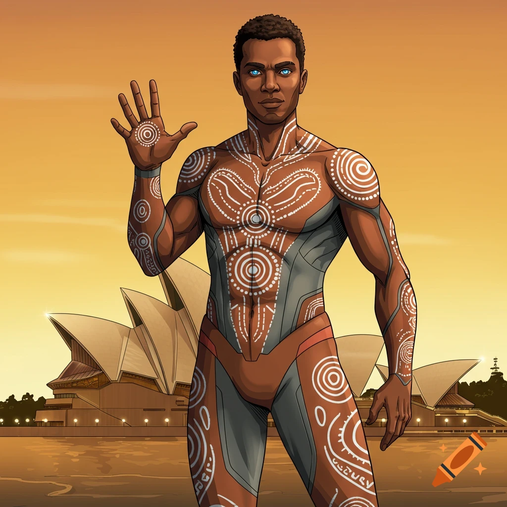 Superhero with Aboriginal art patterns stands before the Sydney Opera House at sunset.