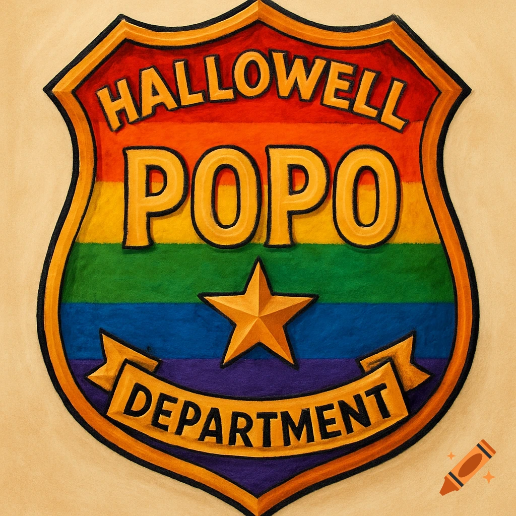 A police badge designed with a rainbow flag background and text reading "Hallowell PoPo Department".