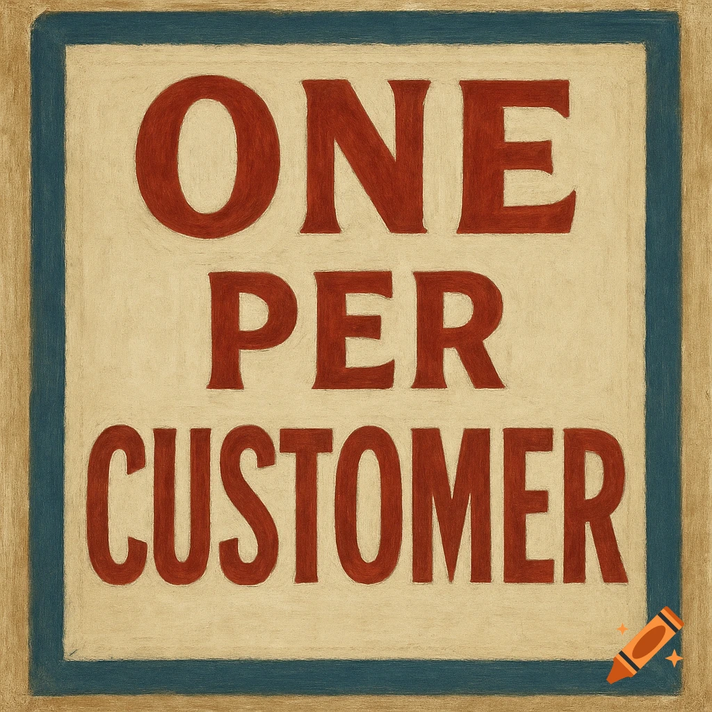 A vintage-style painted sign reading 'ONE PER CUSTOMER'.