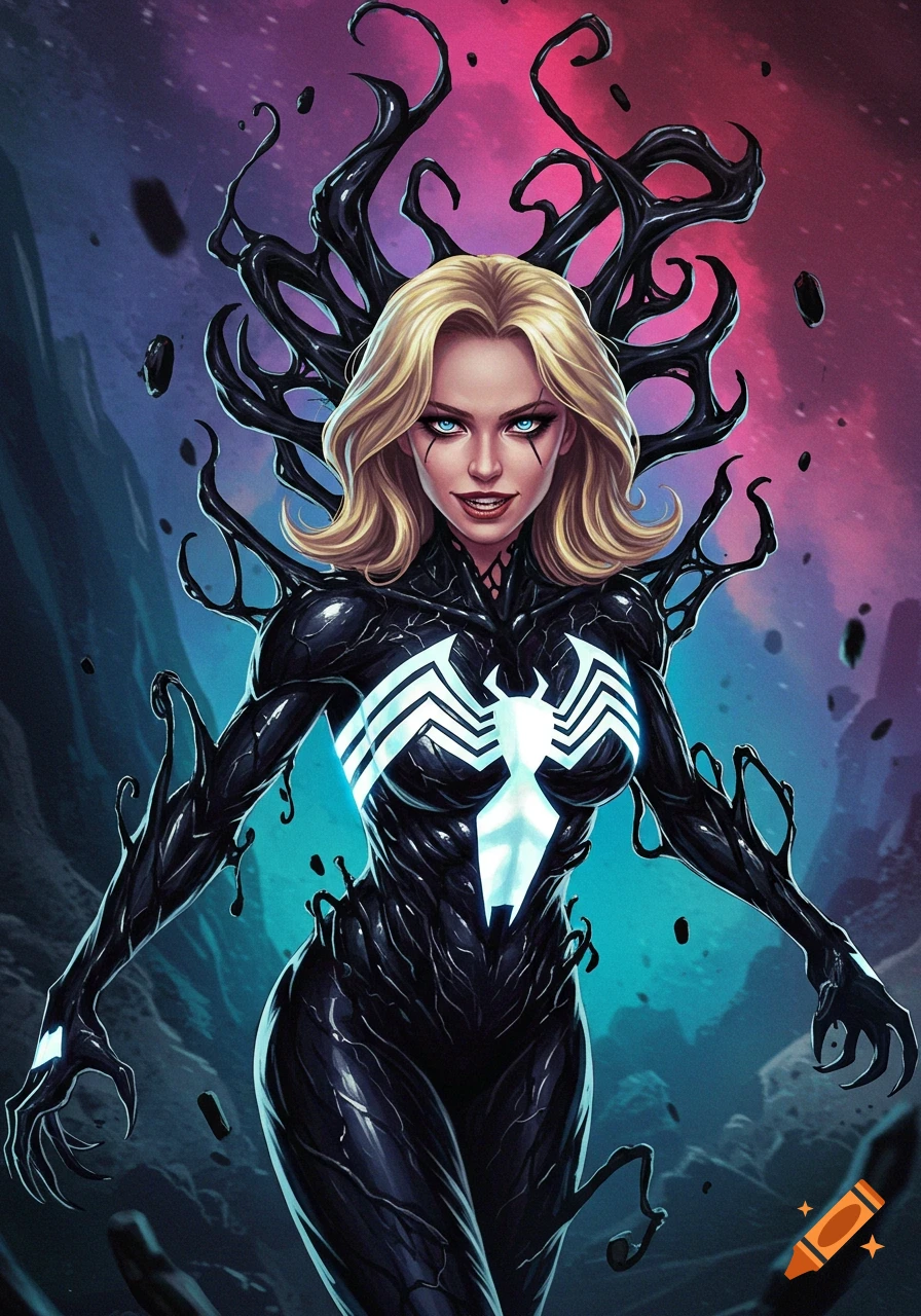 Illustration of a character resembling Sue Storm venomized, in a black symbiote suit with white spider logo.