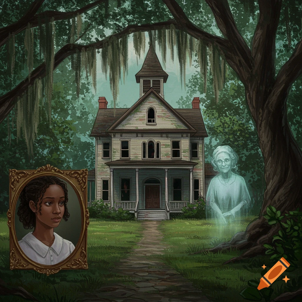 Illustration of an old haunted house with a ghost and a portrait of a girl.
