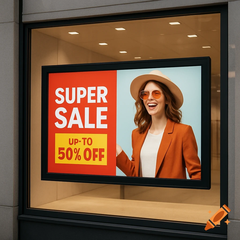 A woman model next to a "Super Sale up to 50% off" sign in a shop window.