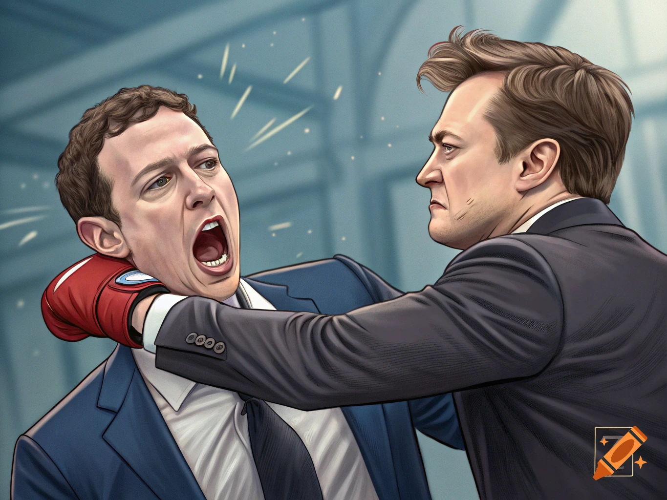 Illustration of Elon Musk punching Mark Zuckerberg in the face with a boxing glove