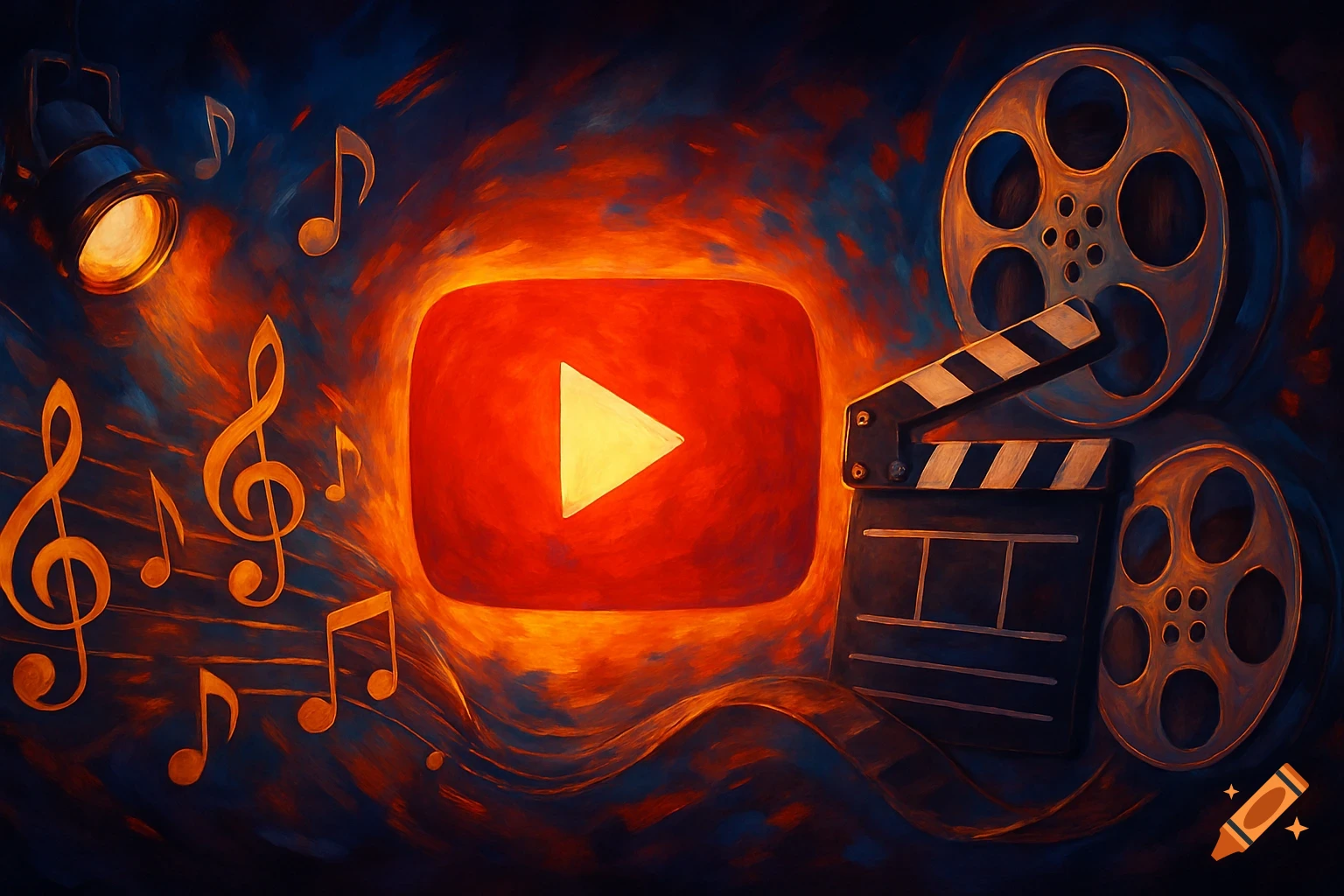 A cinematic painting of YouTube logo, music notes, film reels, clapperboard, and stage light.