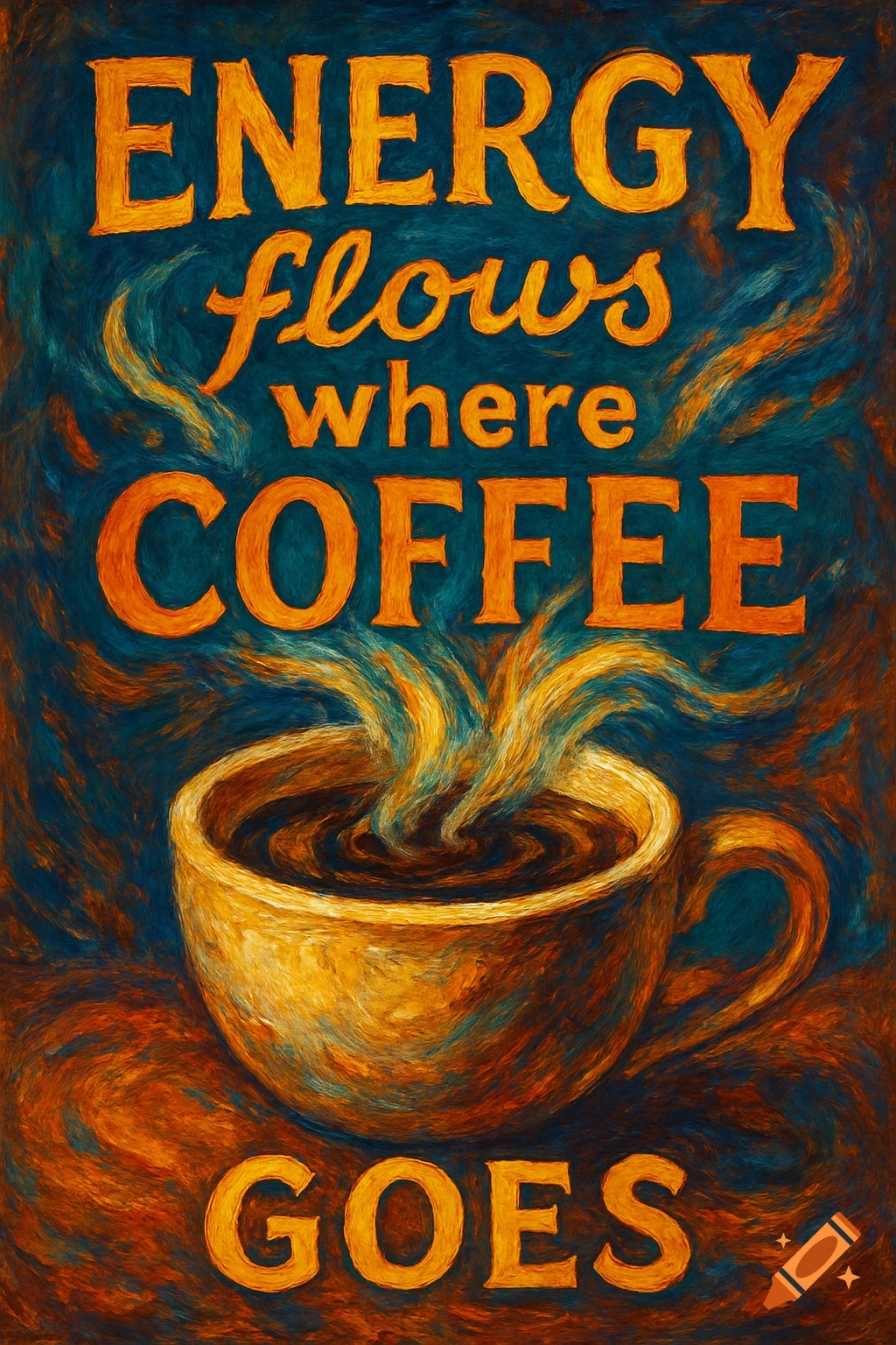 A painterly image of a cup of coffee with steam, text reads 'ENERGY flows where COFFEE GOES'.