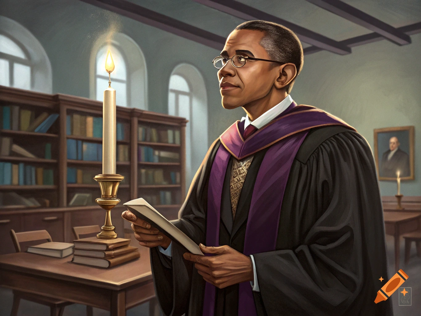 Illustration of Barack Obama in academic robes holding a book in a candlelit library.