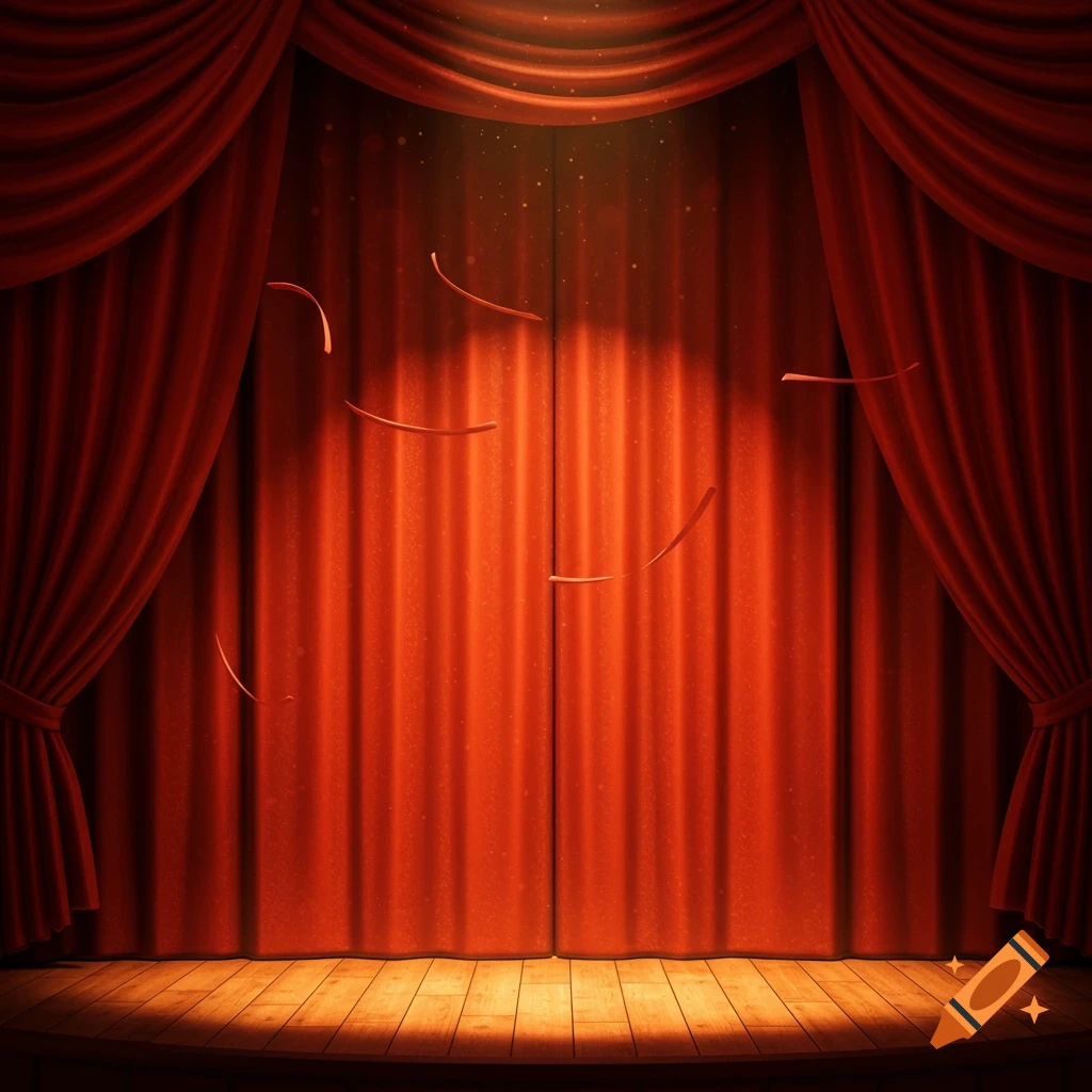 A stage with red curtains and a wooden floor, lit from above.
