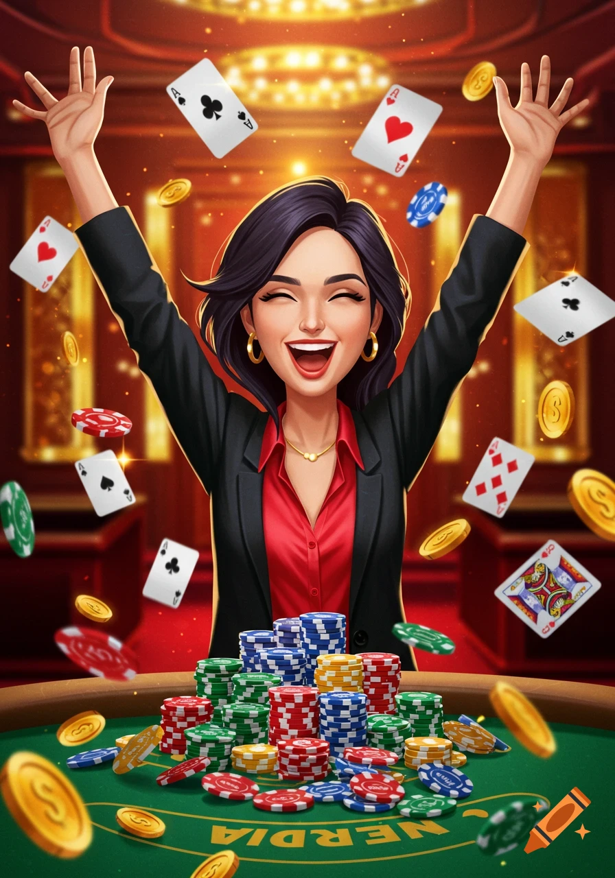 Animated illustration of a joyful woman raising her arms in celebration over large stacks of poker chips and scattering cards and coins on a casino table.