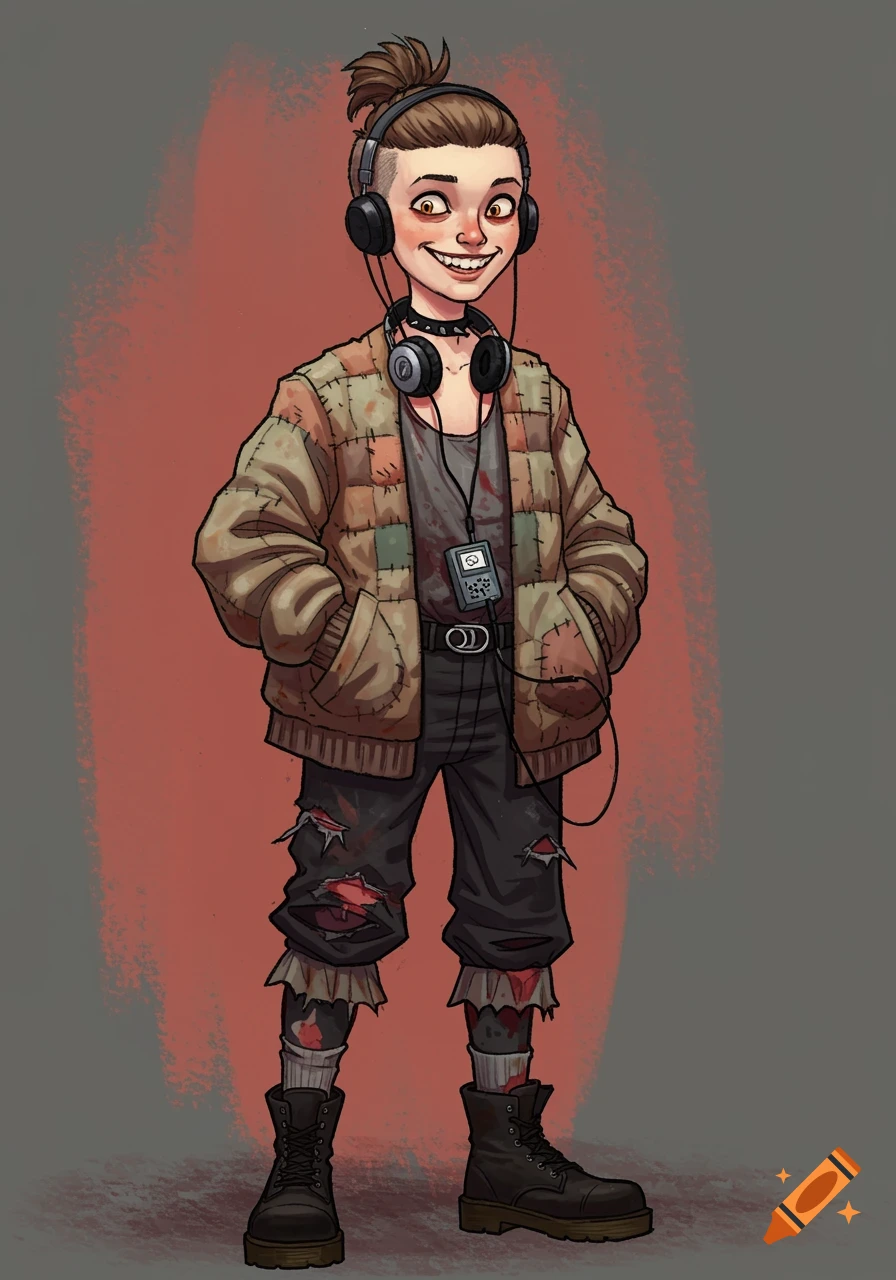 A stylized drawing of a young person with a messy bun, headphones, patchwork jacket, ripped pants, and boots, grinning.