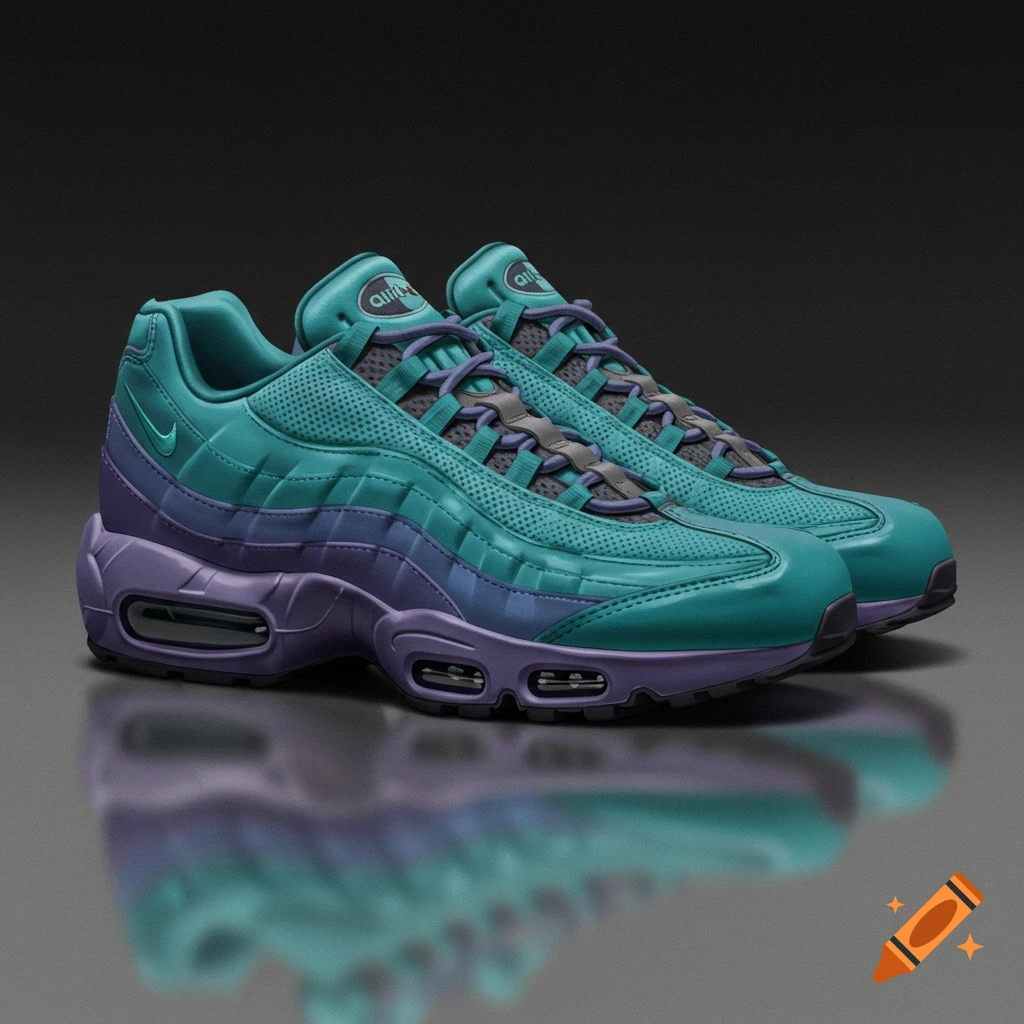 Teal and purple Nike Air Max 95 sneakers on a reflective surface
