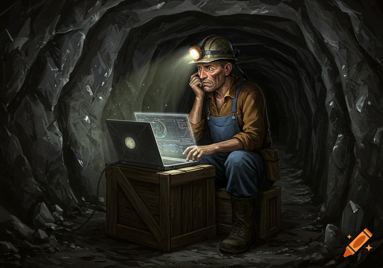 Digital painting of a confused miner using a laptop on a crate in a dark cave.