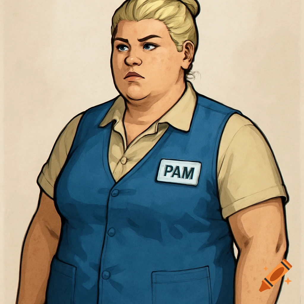 A drawing of a character from the Archer TV series, Pam Poovey, in a blue retail vest with a name tag.