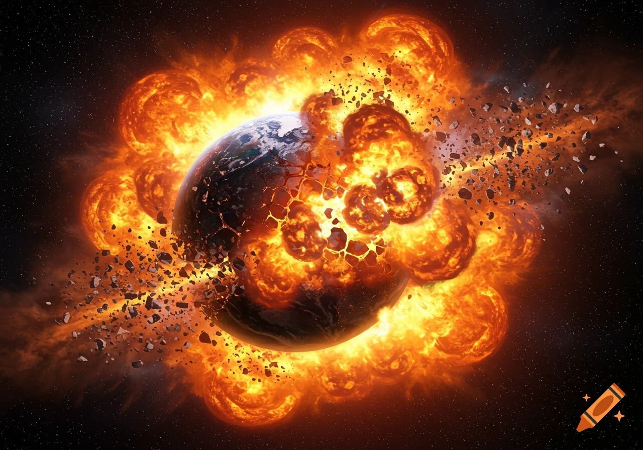 A planet exploding in space surrounded by fire and debris. on Craiyon