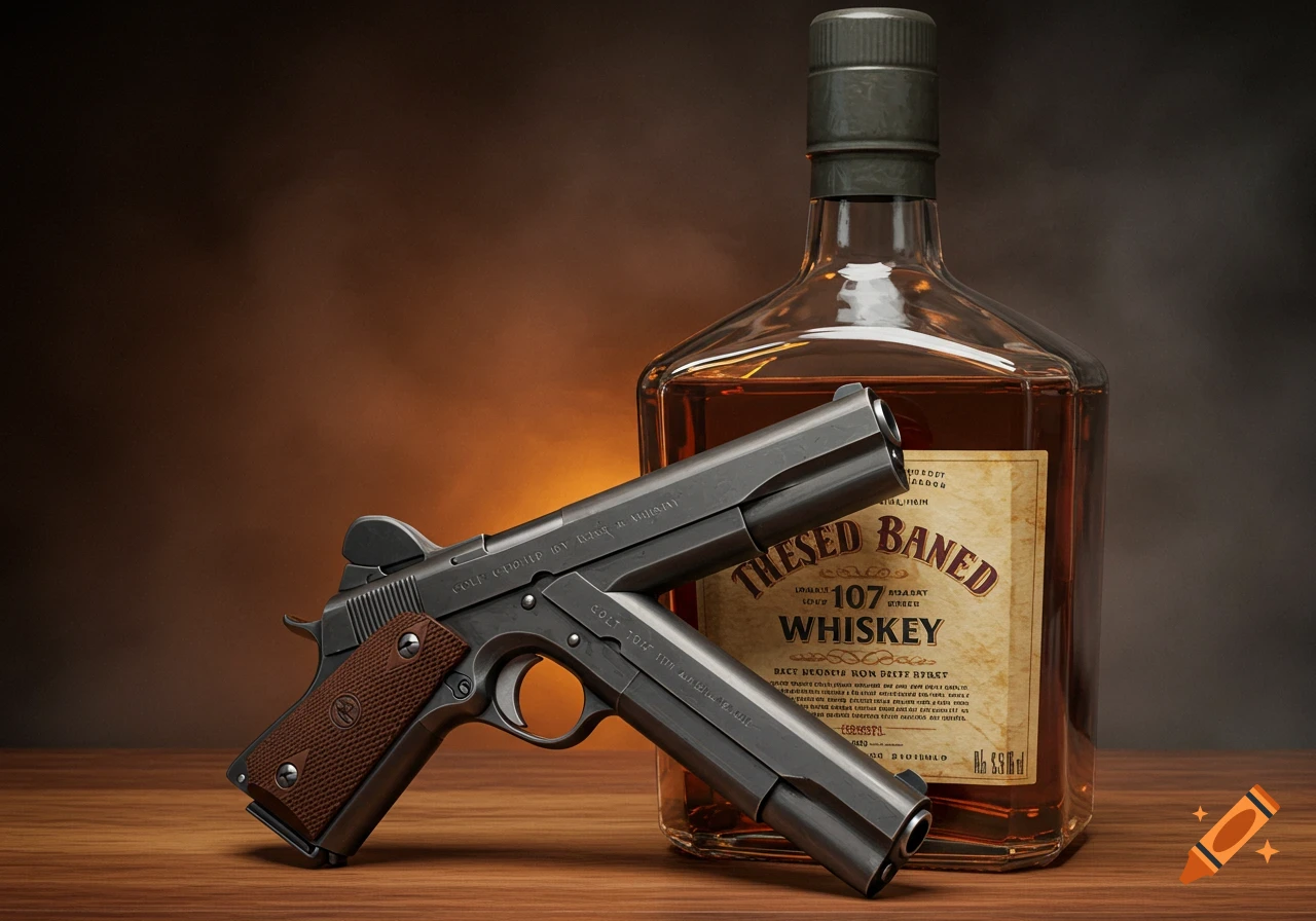 A photorealistic image of a pistol leaning against a whiskey bottle on a wooden table.