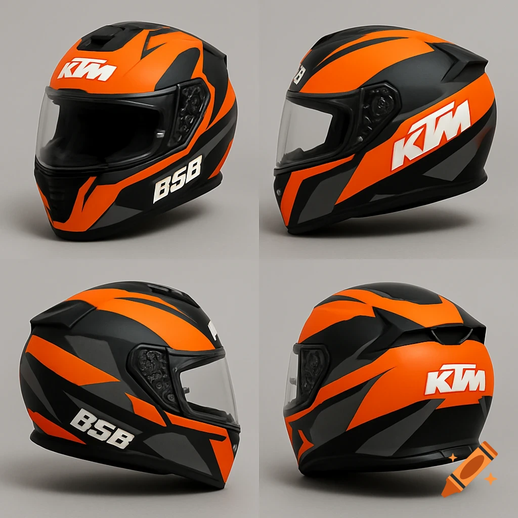 Multiple views of an orange, black, and grey KTM motorcycle helmet with KTM and BSB logos
