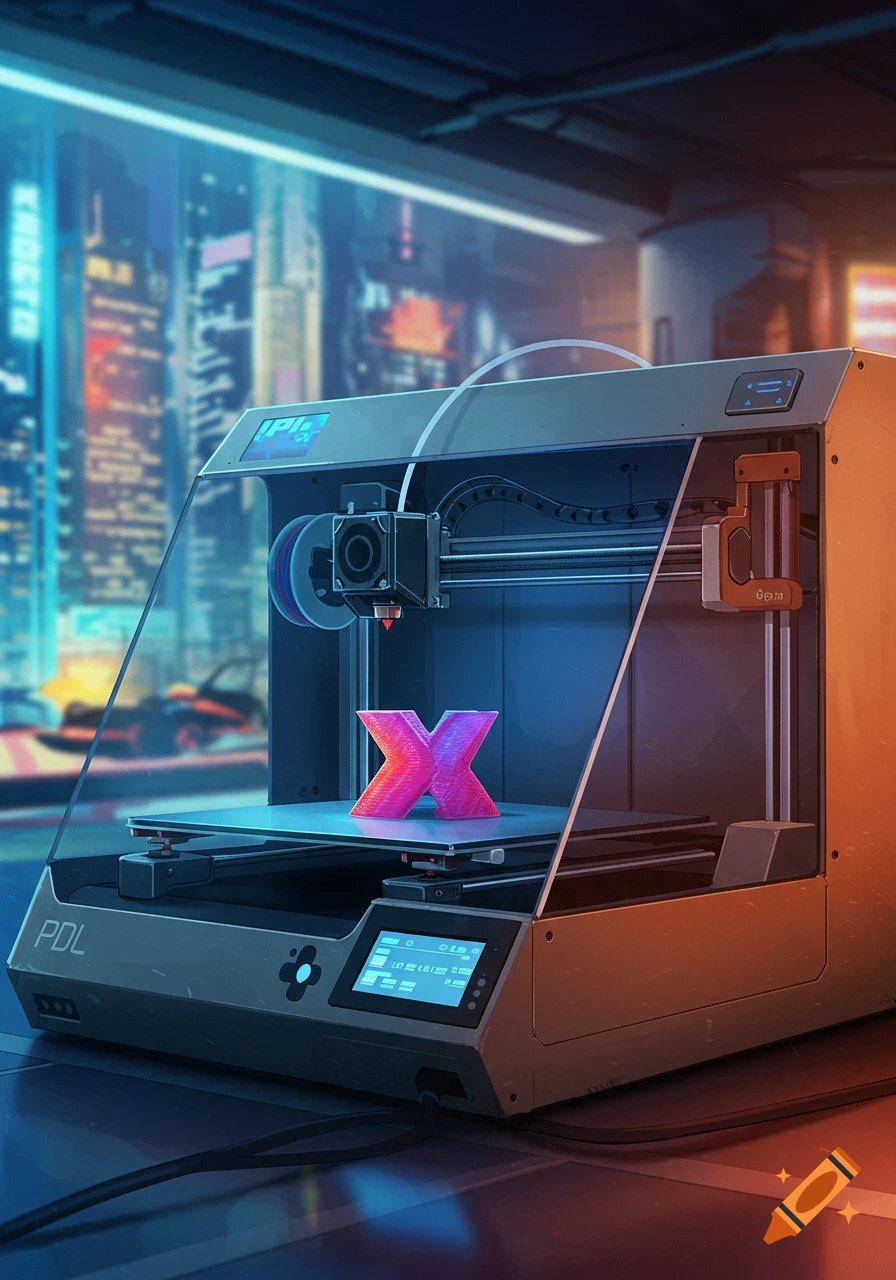 A 3D printer creates a large pink 'X' in a futuristic, cyberpunk laboratory.